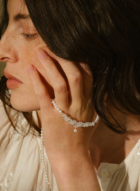 邱园｜龟背竹心形蕾丝珍珠项链