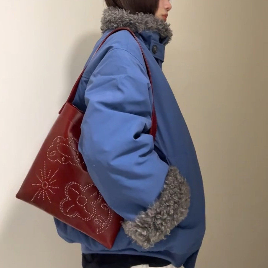 美式复古蓝色毛毛拼接夹克外套女秋冬季设计感加厚保暖棉服派克服,淘宝优惠券,粉丝福利购,淘宝优惠卷