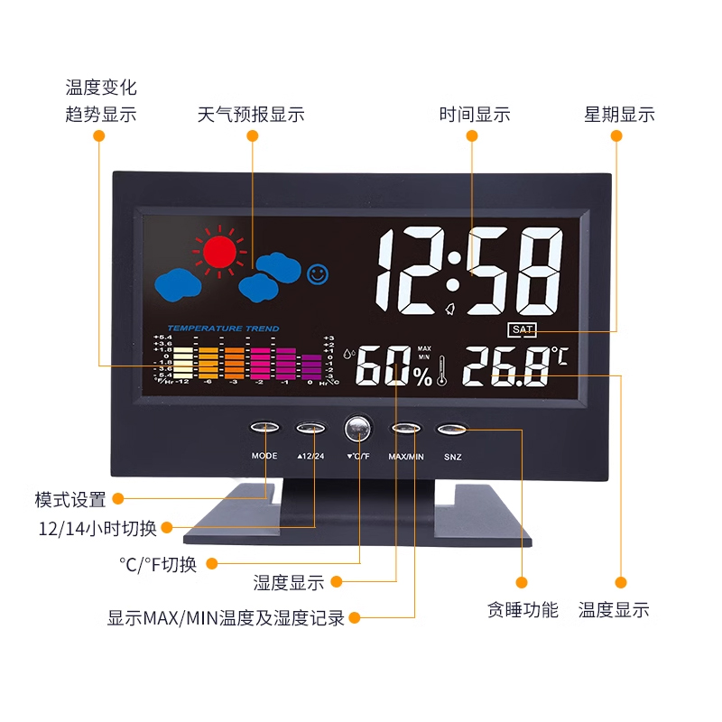 家用电子时钟带万年历台钟天气预报钟智能多功能夜光闹钟气象彩屏,淘宝优惠券,粉丝福利购,淘宝优惠卷