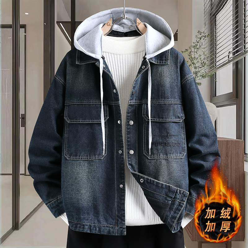 秋冬季做旧复古牛仔外套男士2025新款加绒加厚夹克男款青少年棉衣 - 图0
