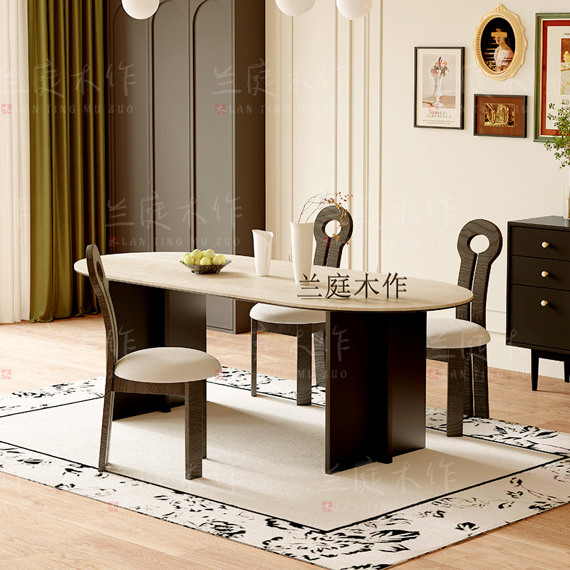 中古风岩板洞石法式餐桌家用小户型轻奢奶油半圆椭圆形餐桌子客厅,淘宝优惠券,粉丝福利购,淘宝优惠卷