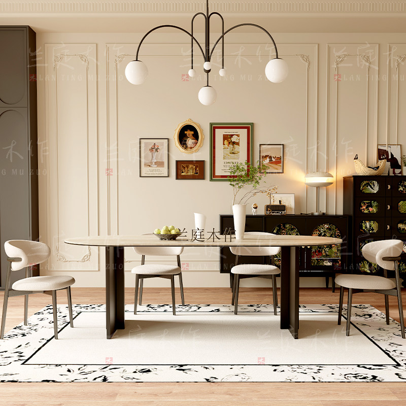 中古风岩板洞石法式餐桌家用小户型轻奢奶油半圆椭圆形餐桌子客厅,淘宝优惠券,粉丝福利购,淘宝优惠卷