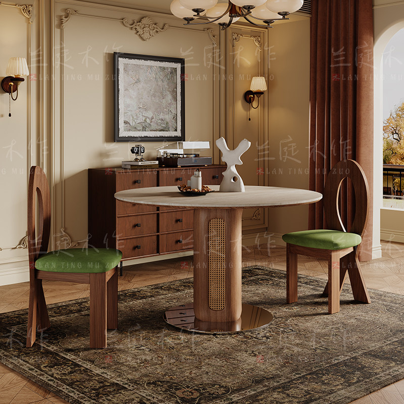 德利丰岩板洞石桌中古圆桌复古编藤腿圆形餐桌法式包豪斯实木饭桌,淘宝优惠券,粉丝福利购,淘宝优惠卷