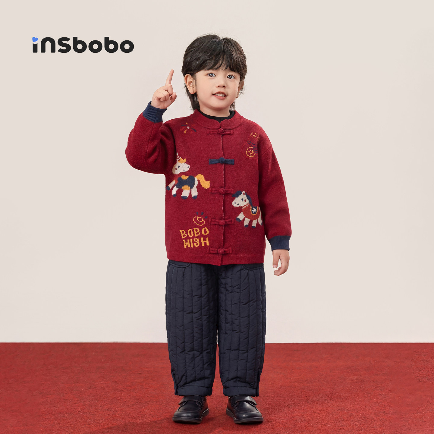 INSbobo童装儿童汉服毛衣外套女童新中式针织衫男童红色拜年服冬,淘宝优惠券,粉丝福利购,淘宝优惠卷