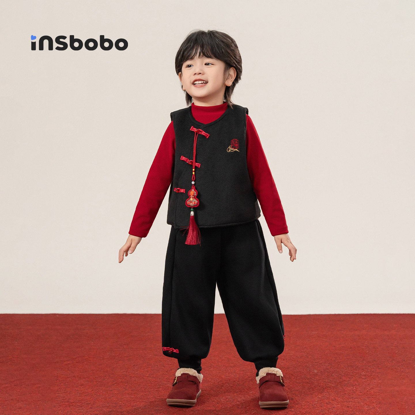 INSbobo童装儿童汉服套装男童周岁礼服女童红色马甲拜年服t恤长裤,淘宝优惠券,粉丝福利购,淘宝优惠卷