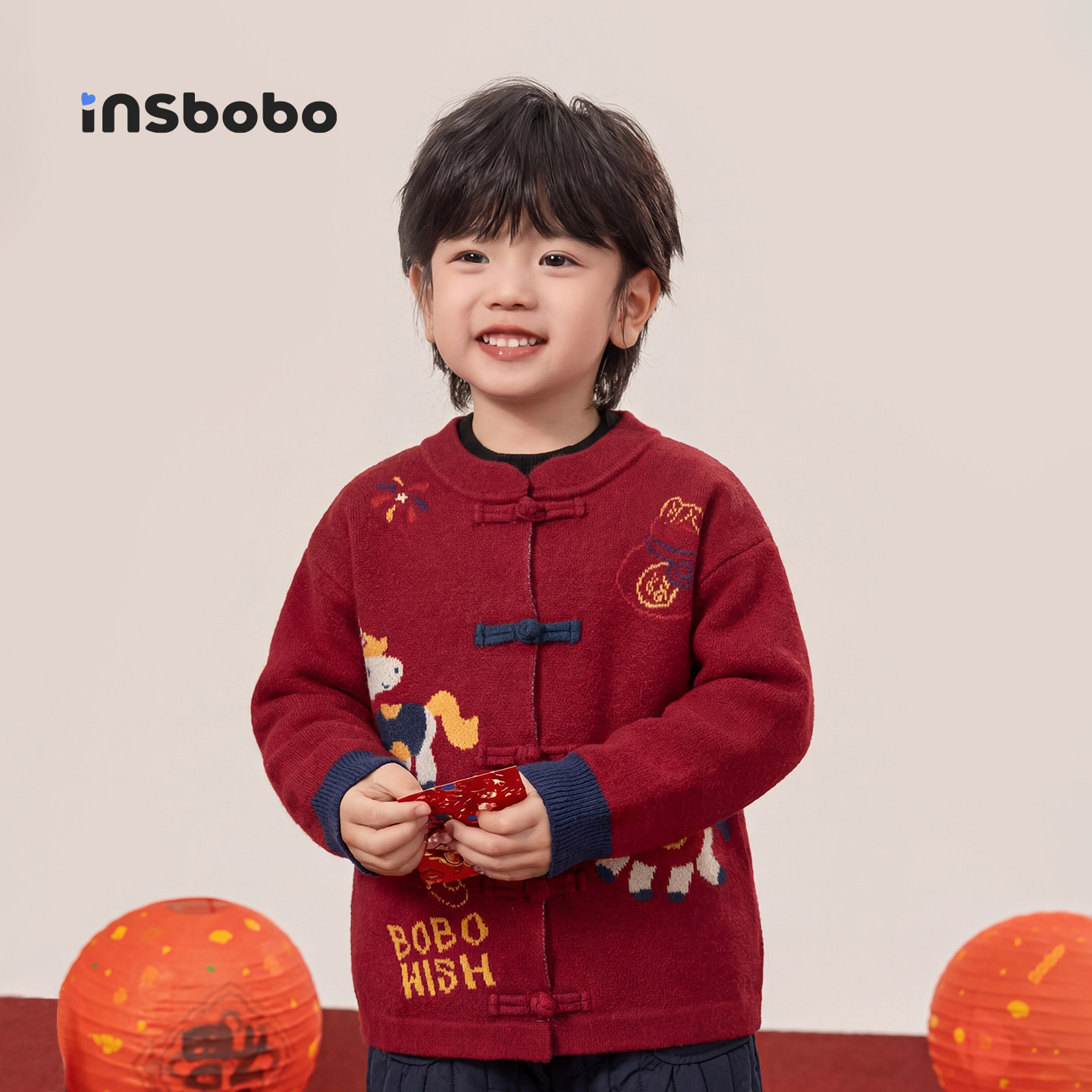INSbobo童装儿童汉服毛衣外套女童新中式针织衫男童红色拜年服冬,淘宝优惠券,粉丝福利购,淘宝优惠卷