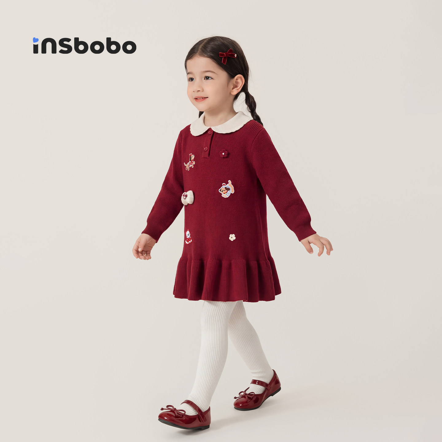 INSbobo童装女童红色连衣裙儿童拜年服过年冬裙女孩公主裙毛衣裙,淘宝优惠券,粉丝福利购,淘宝优惠卷