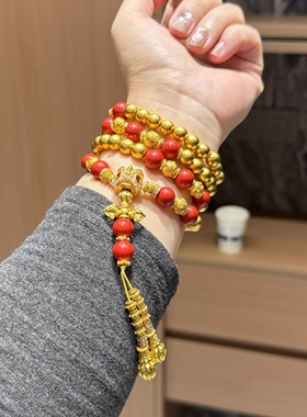 盛尊金包银项串女古法圆珠南红混搭黄金项链轻奢精致万能链送礼物