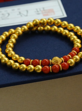 盛尊仿真金手链南红花丝圆珠手串