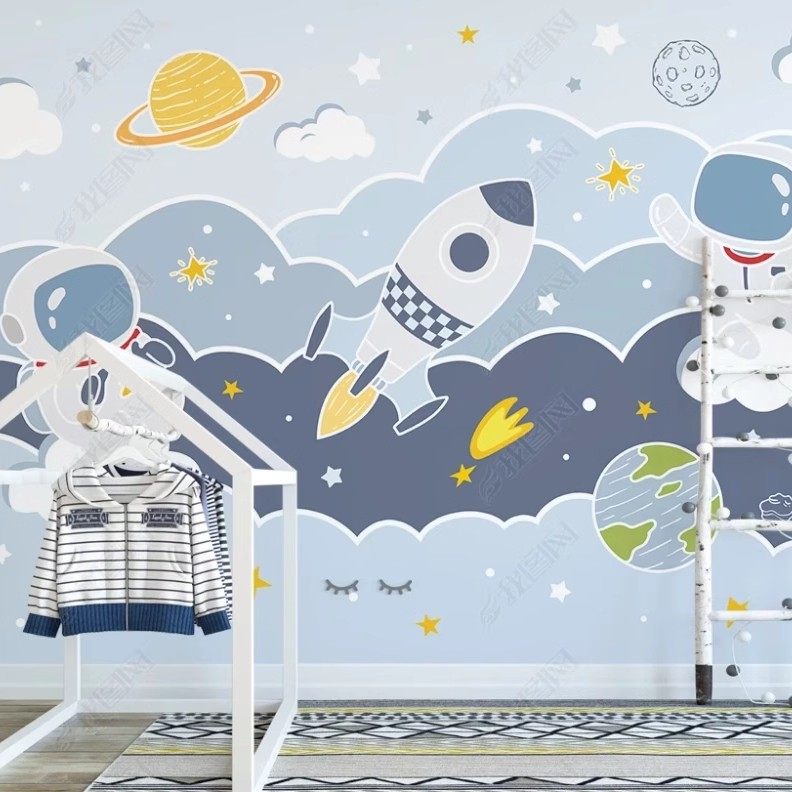 太空飞船儿童房背景墙壁纸男孩房间卡通壁画火箭墙纸幼儿园墙画布,淘宝优惠券,粉丝福利购,淘宝优惠卷