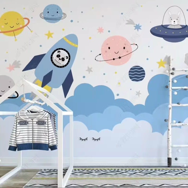 太空飞船儿童房背景墙壁纸男孩房间卡通壁画火箭墙纸幼儿园墙画布,淘宝优惠券,粉丝福利购,淘宝优惠卷