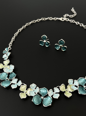 Vintage古着 Blue Flower Necklace Earring Set项链耳钉套装