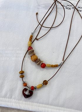 捧猫家~复古咖色木珠项链