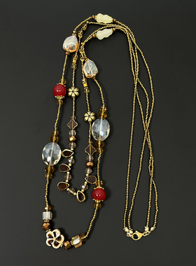 Vintage古着 Bohemian coffee rice bead double necklace项链