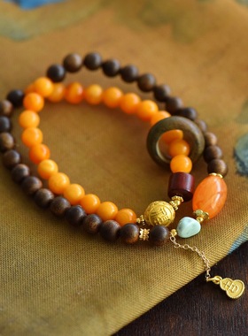 天然老蜡两圈手串满蜜老花蜡沉香