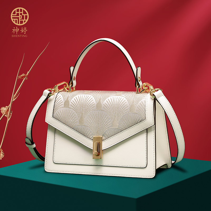 神婷大气国风旗袍包牛皮刺绣妈妈包中年婆婆女包腋下包单肩斜挎包 - 图0