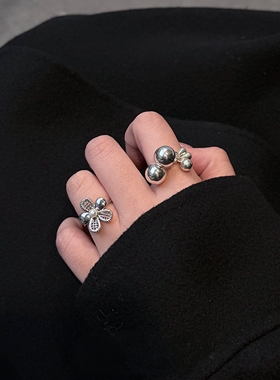 韩系银色珠子花朵戒指女精致个性