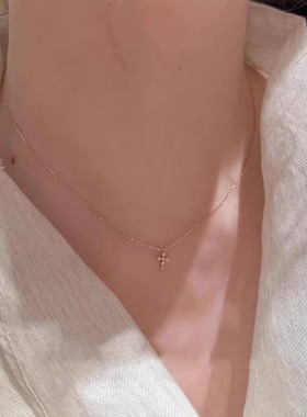 金色极细款闪钻mini十字架项链女