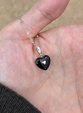 简约仿黑玛瑙爱心吊坠银色项链女