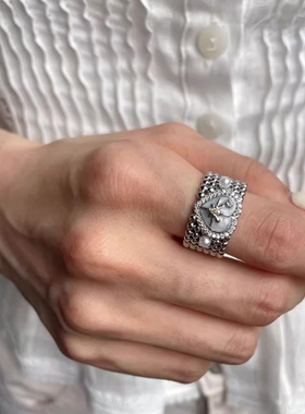 中古Vintage镂空爱心仿珍珠戒指