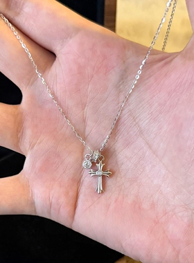 银色十字架吊坠闪钻跑环项链百搭