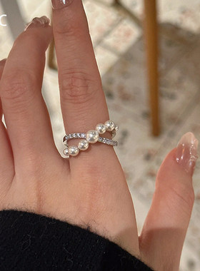 法式仿珍珠锆石交叉戒指轻奢精致