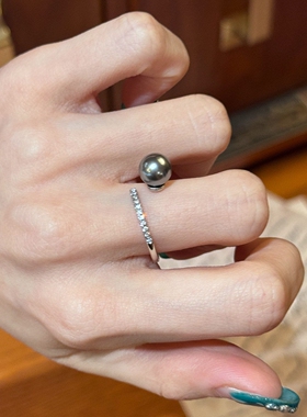 大溪地灰色仿珍珠开口戒指女简约