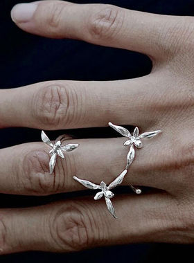 简约银色兰花开口戒指百搭新中式