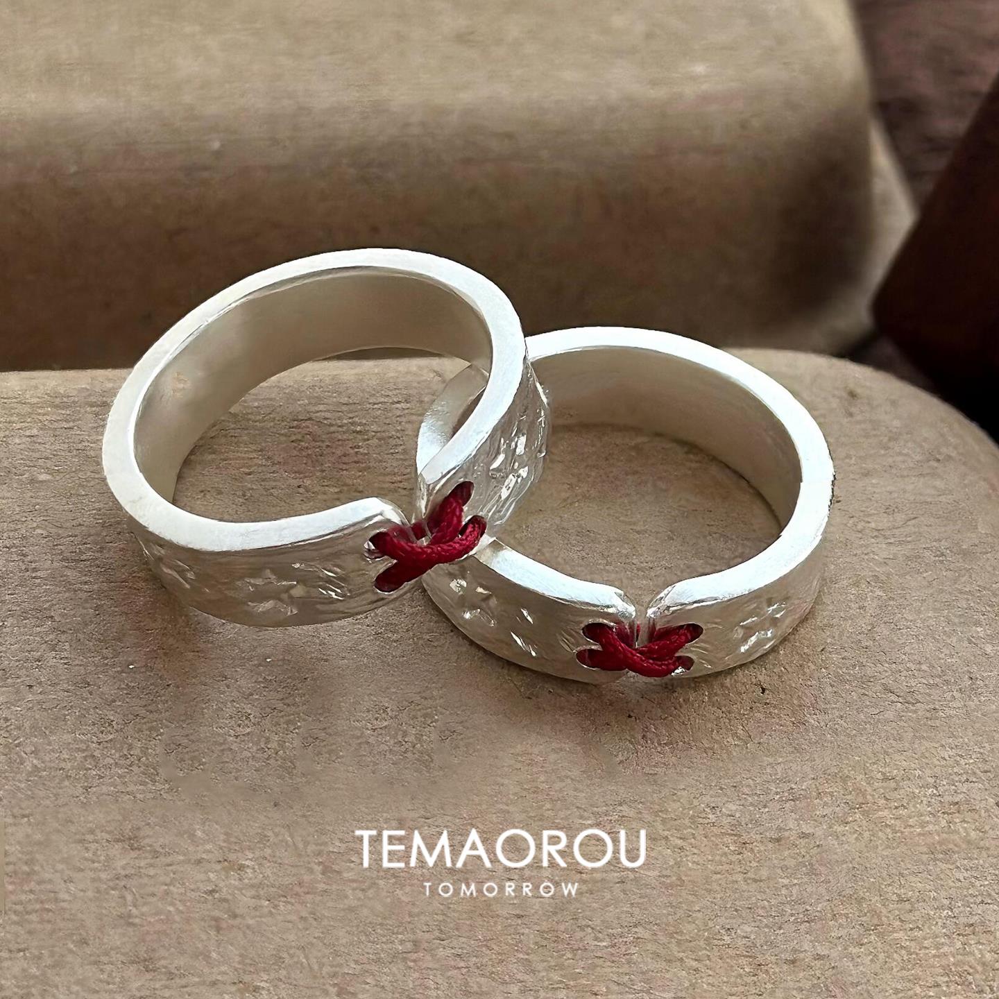 「红线仙」红绳交织银色纹理情侣对戒宽面食指戒小众指环素圈戒指 - 图0