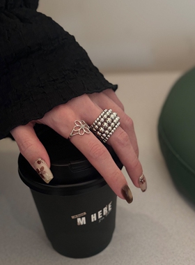 韩银色串珠花朵宽版戒指个性时尚