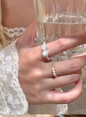 法式蝴蝶结珍珠蕾丝边戒指高级感