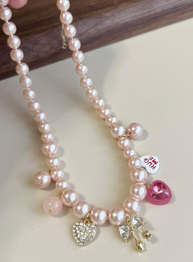 甜美粉色爱心蝴蝶结仿珍珠项链