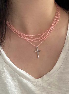 十字架粉水晶多层叠戴串珠项链