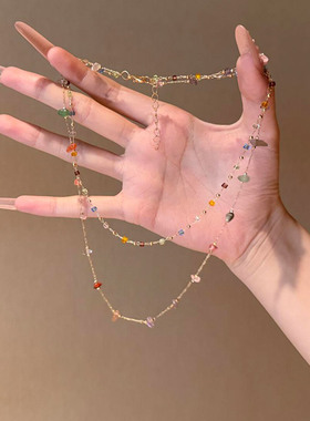 彩色多巴胺方块碎石叠戴项链小众