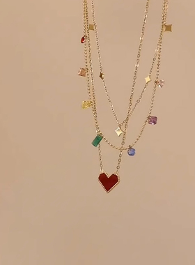 多层复古红爱心吊坠闪钻项链新款