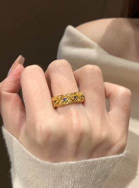 重工金色仿蓝钻戒指小众轻奢精致