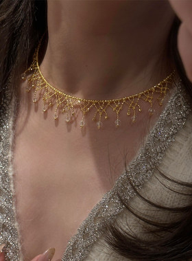 法式宫廷风金色蕾丝仿水晶项圈