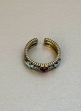 中古拉丝做旧红色爱心开口戒指女