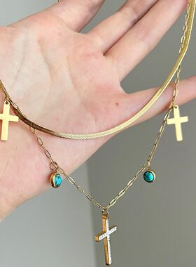 中古双层金色十字架吊坠项链欧美