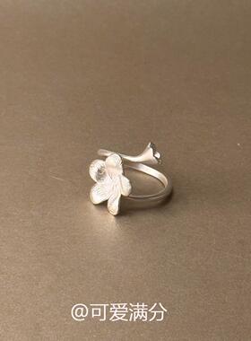 复古银色拉丝花朵开口戒指高级感