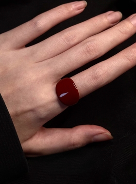 复古朱砂红方型几何戒指秋冬显白