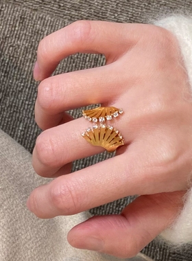 中古拉丝金色不规则扇叶戒指精致