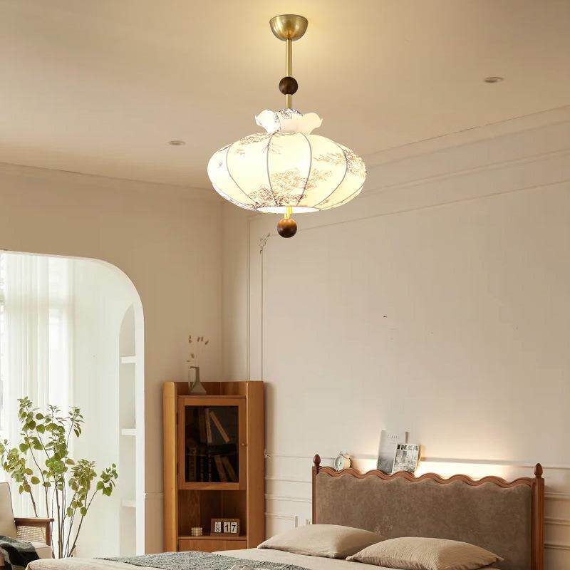 法式风复古卧室吊灯布艺花纹中古餐厅南洋实木侘寂风温馨房间主灯 - 图2