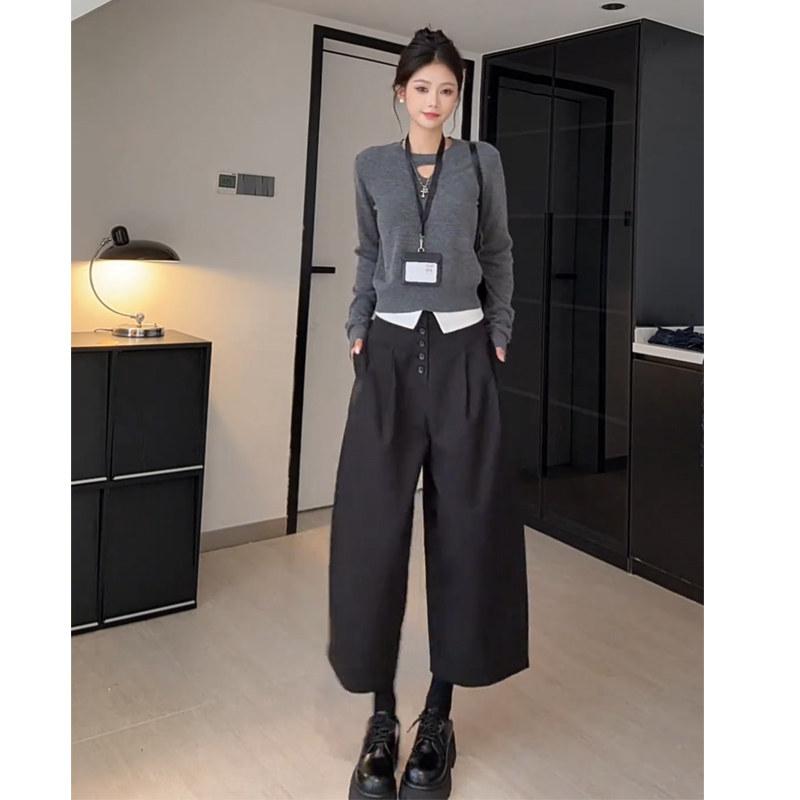 Wannvy Up 韩系时髦套装镂空针织衫女装秋季翻边拼接休闲裤两件套,淘宝优惠券,粉丝福利购,淘宝优惠卷