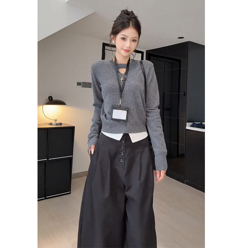 Wannvy Up 韩系时髦套装镂空针织衫女装秋季翻边拼接休闲裤两件套,淘宝优惠券,粉丝福利购,淘宝优惠卷