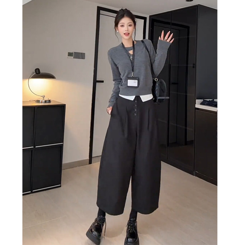 Wannvy Up 韩系时髦套装镂空针织衫女装秋季翻边拼接休闲裤两件套,淘宝优惠券,粉丝福利购,淘宝优惠卷