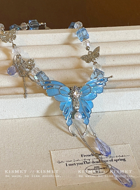 庄周梦蝶~蓝色水晶蝴蝶项链轻奢小众甜酷氛围感锁骨链颈链配饰女