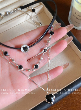 芭比~黑色爱心多层叠戴项链韩国小众轻奢颈链甜酷简约气质锁骨链