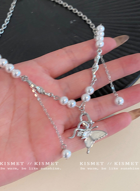蝴蝶少女~珍珠流苏蝴蝶项链2025新款爆款小众高级锁骨链轻奢颈链