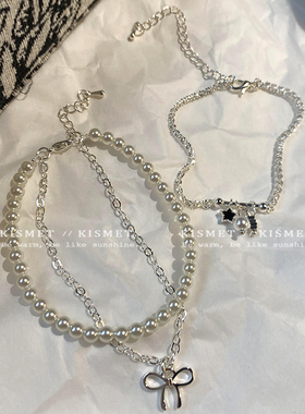 双层蝴蝶结珍珠叠戴手串女精致小众气质轻奢百搭手链配饰2025新款